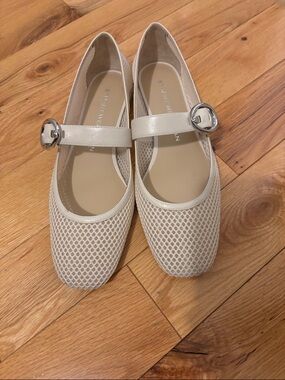 Stuart Weitzman Cream Mesh Mary Jane Flats with Silver Buckles